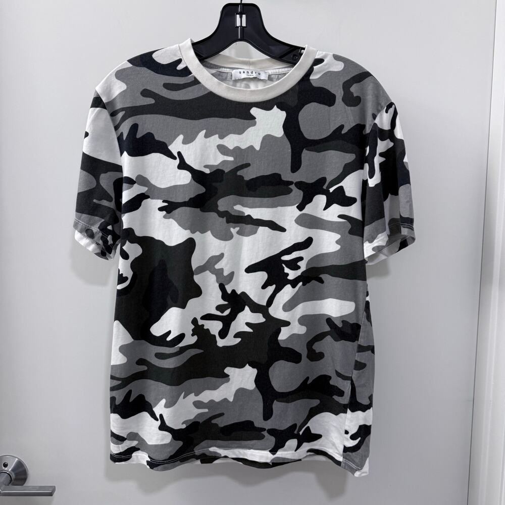 Sandro Paris Grey Black Camouflage Crew Neck Cotton T-Shirt